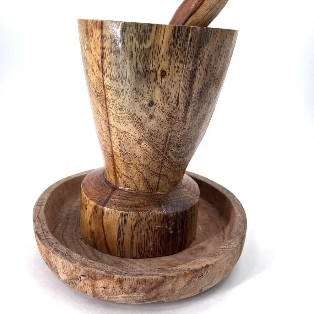 Rustic Wooden Hand Carved Mortar & Pestle and Wood Tray Kitchen Farmhouse Decor